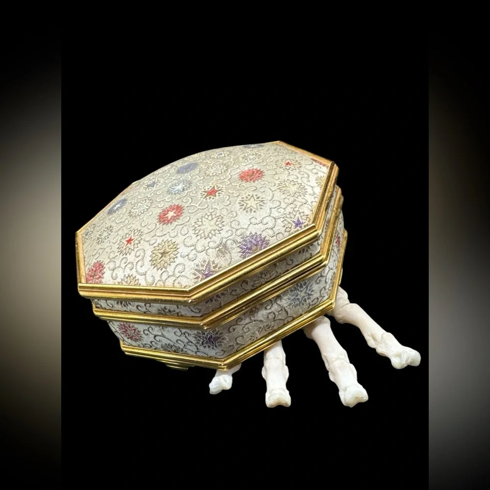 Vintage Mid Century Hexagon Starburst Cloth Velvet Lined Musical Jewelry Box